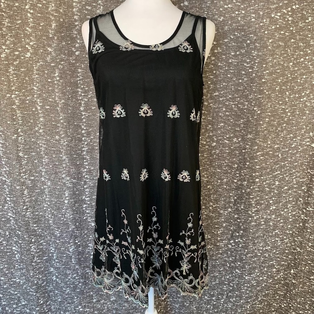 Vintage Jalate Black Mini Dress 2 Piece Mesh‎ Embroidered Boho Women's L